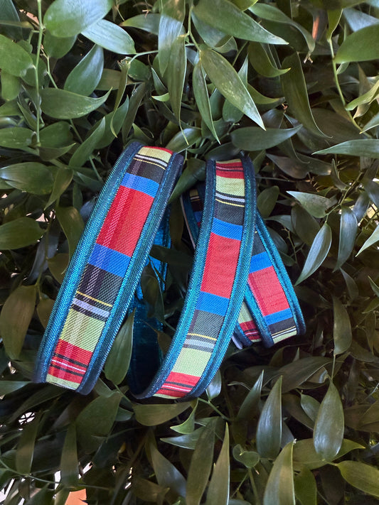 JME heavy wired ribbon. RED/BLUE/BLACK Plaid with Teal Metallic Back 1"x 10YDS