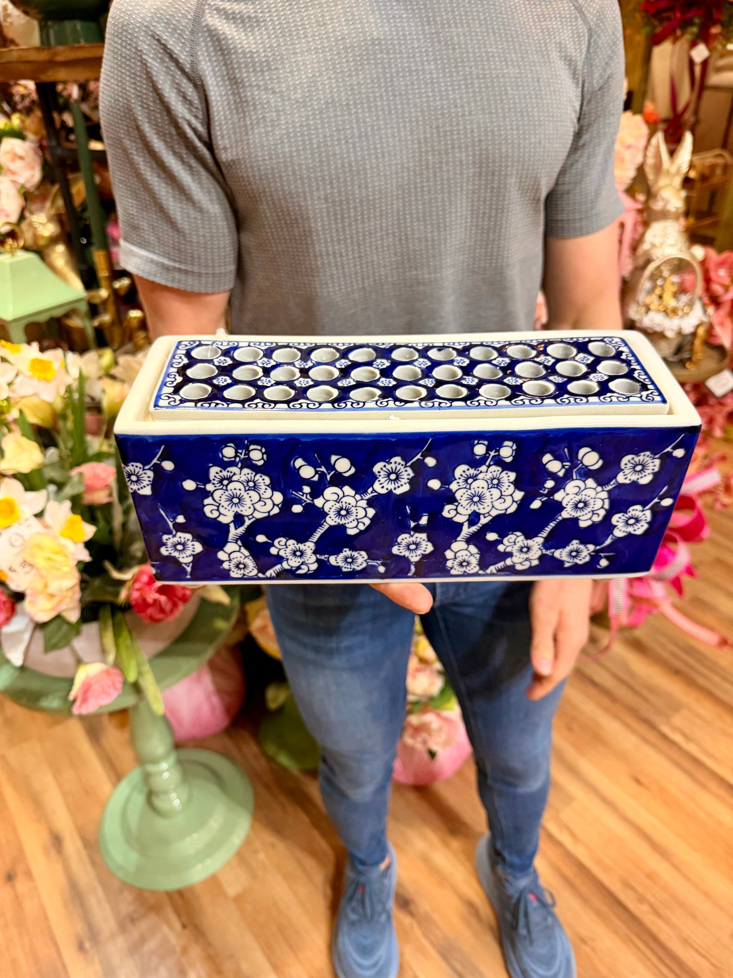Blue/White Ceramic Flower Arranger 11"x 5"x 5"