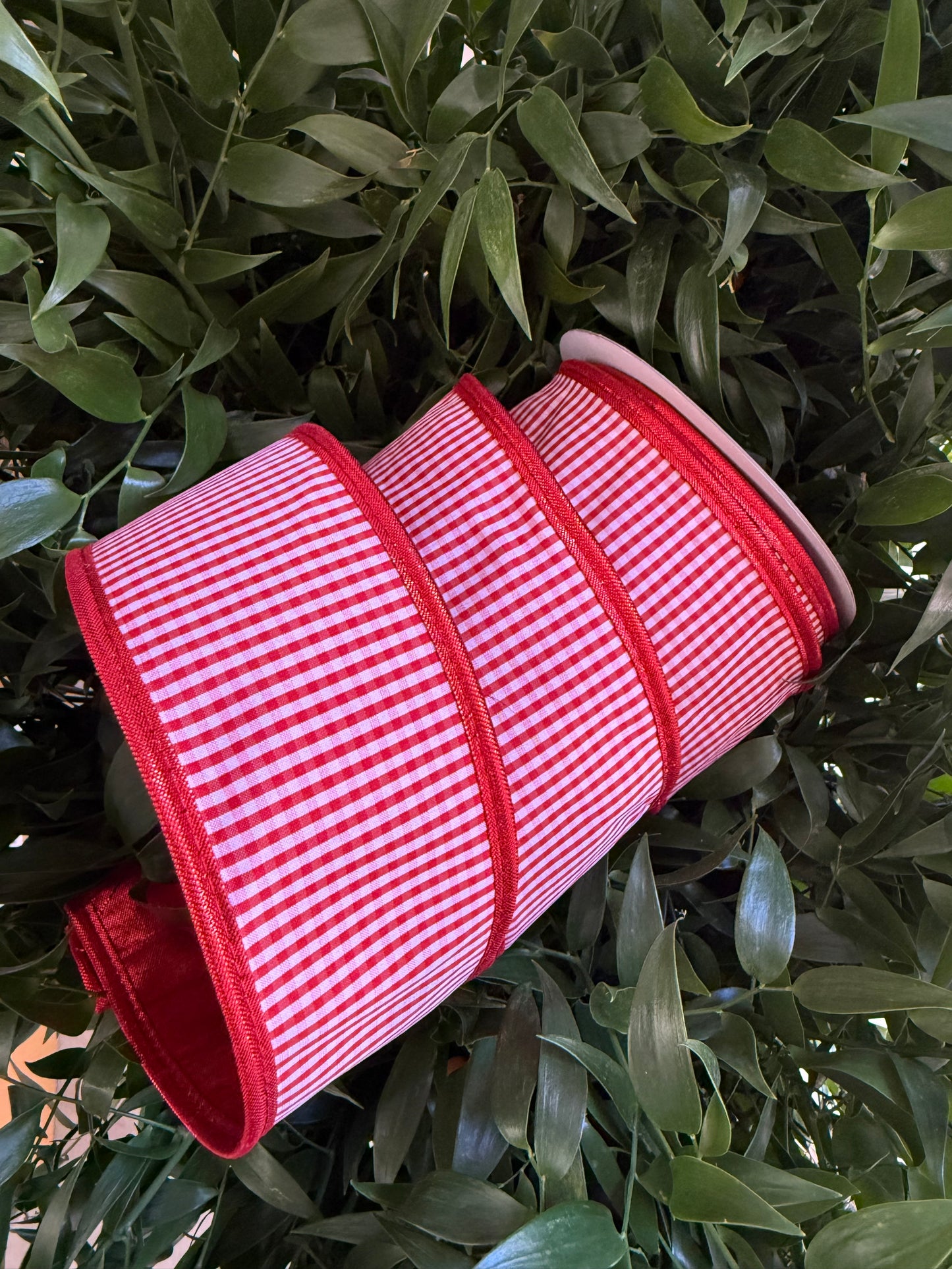 JME heavy wired ribbon. RED/WHITE Mini Check with Red Metallic Back 2.5"x 10YDS