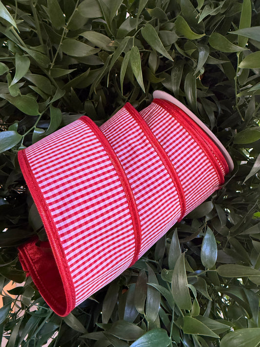 JME heavy wired ribbon. RED/WHITE Mini Check with Red Metallic Back 2.5"x 10YDS