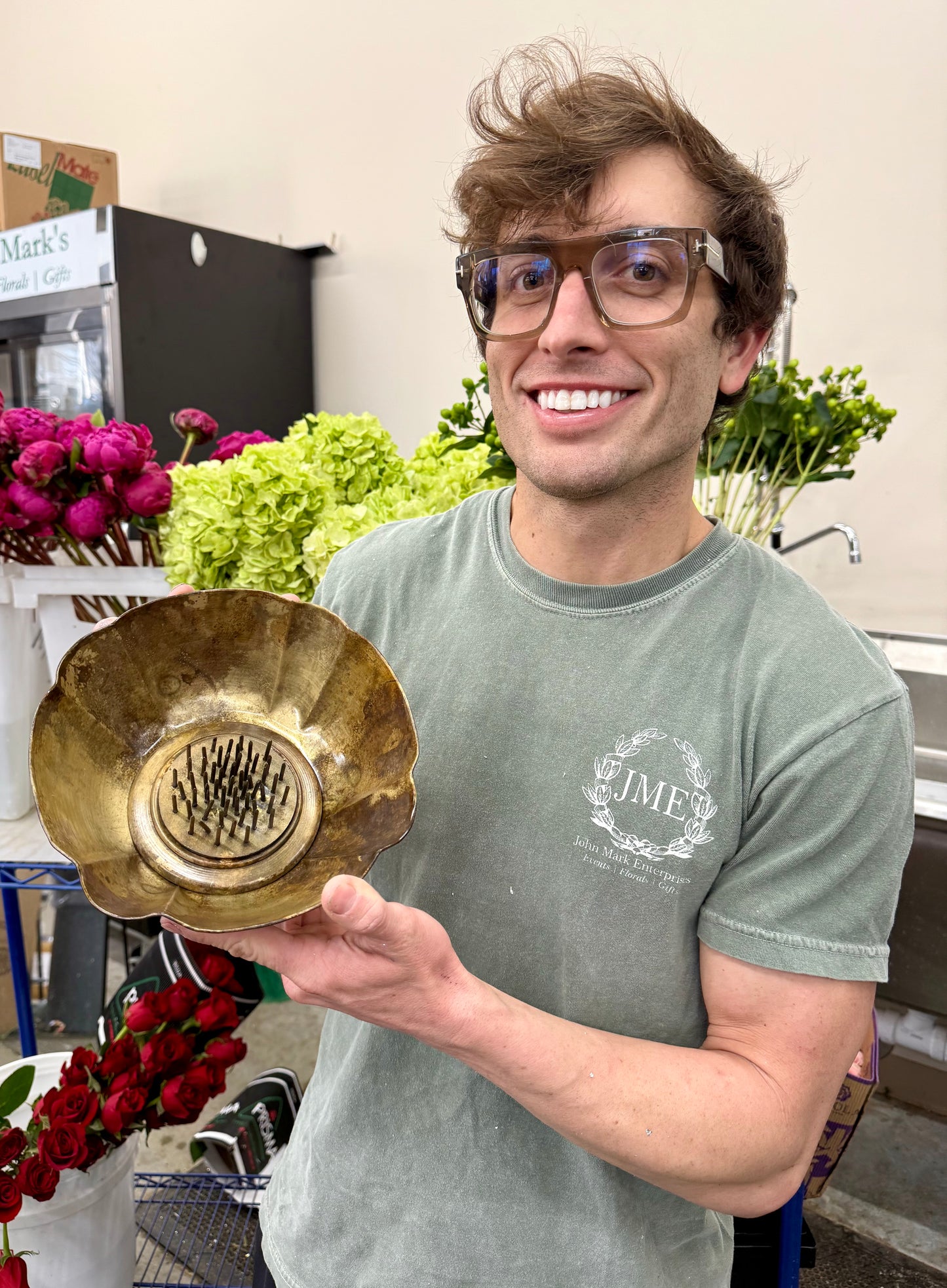 Antique Gold Bowl with Flower Frog