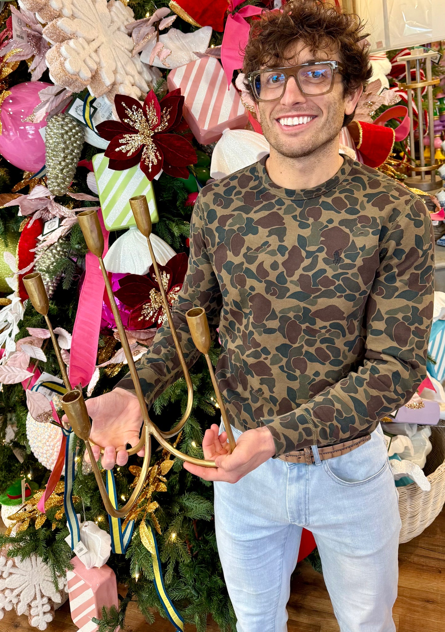 Forged Iron Brass Curved Candelabra, Short  L11.5" x W11.5" x H17.25"