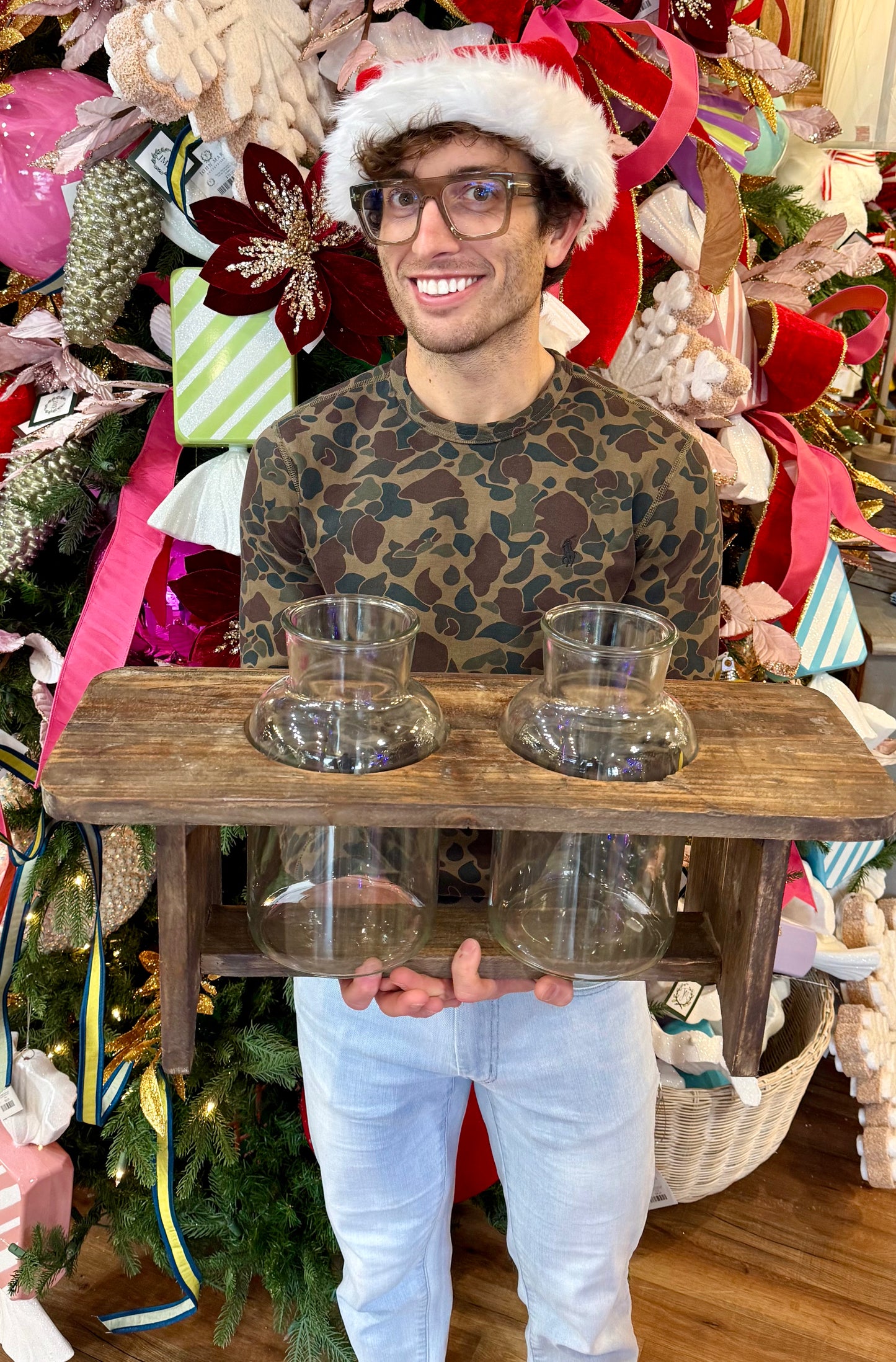 Wooden Flower Stand with Two Glass Bottles. Flowers not included.