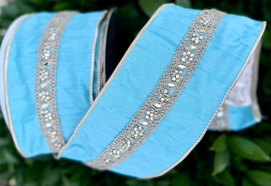 JME heavy wired ribbon. SKY BLUE Pastel Dupion with Sequined Band and Metallic Back 4"x 10YDS