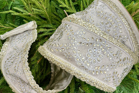 JME heavy wired ribbon. SILVER Mesh with Silver Jeweled Pattern and Metallic Back 4"x 10YDS