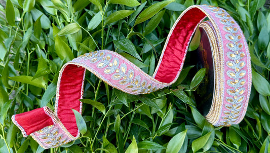 JME heavy Wired ribbon. Red metallic backed with Jeweled Leaf Band.  Dupion Ribbon 1.5"x10YD