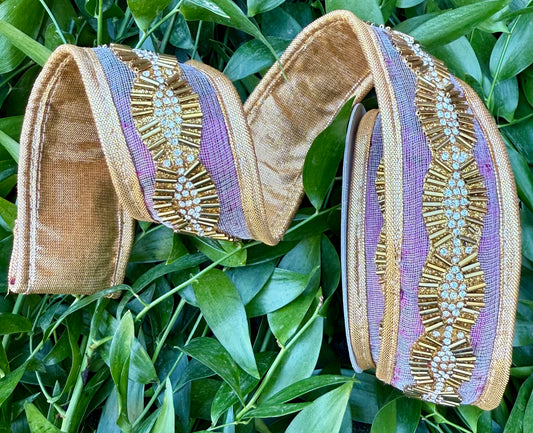 JME Gold Bead Trim red adjacent with Gold Metallic Back Ribbon 1.5"x5YD