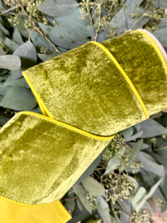 JME heavy wired ribbon. Apple green velvet with lime/yellow taffeta back. Double used, and heavy wire. 4” x 10 yards.