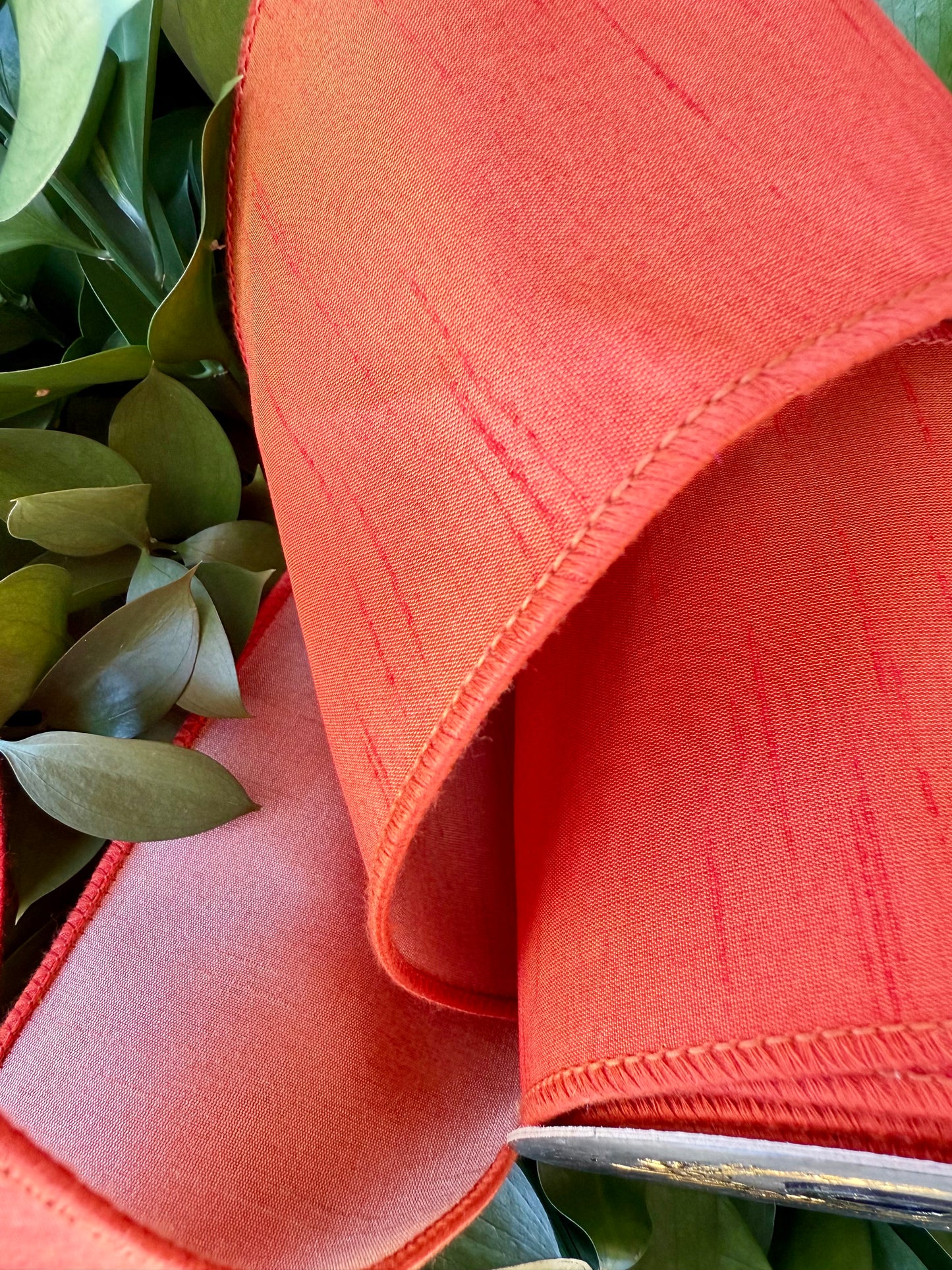 JME heavy wired ribbon. RUST backed in PEACH Two-Tone Dupion