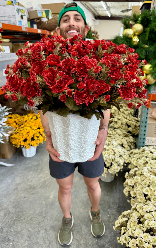 Faux MAROON mum pot fillers. Can fluff out after shipping. Container (the white pot that will go inside your pot) the mums are in is 10inches wide by 9inches tall.
