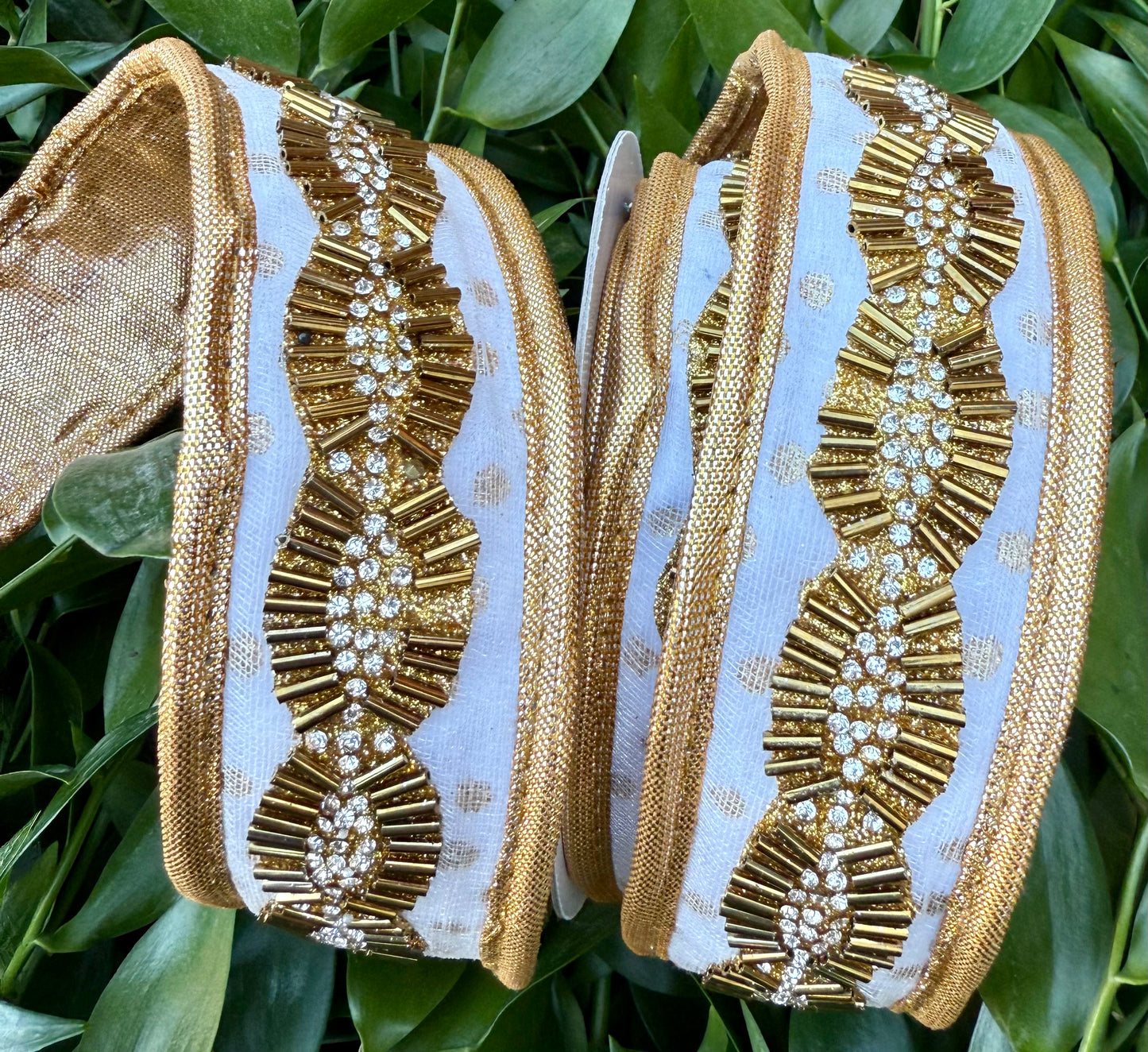 JME heavy Wired ribbon. Gold Bead belt on white with gold dots with Gold Metallic Back and piped Ribbon 1.5"x5YD