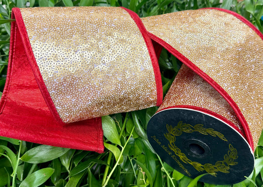JME Gold Sequin With Metallic Red Back  Ribbon 4"x5YD