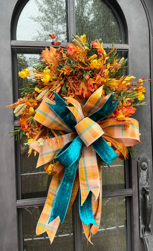 Teal for fall! JME handmade wreath with a JME hand tied bow! About 24 inches wide 