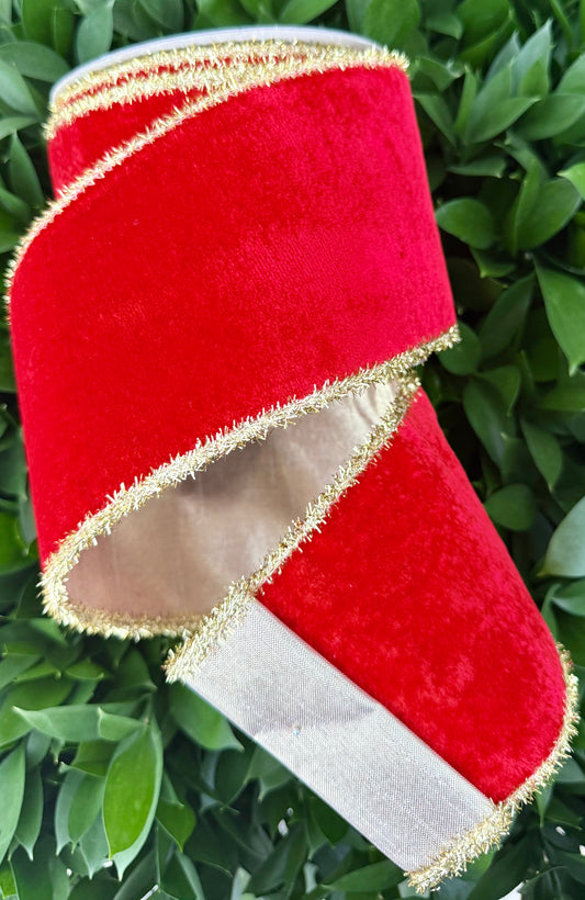 JME heavy wired ribbon. RED Velvet with Gold Tinsel Edge and Gold Metallic Back