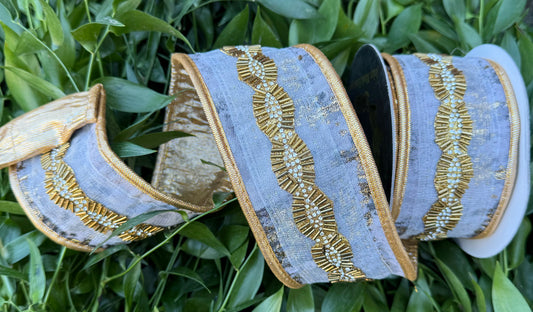 JME heavy Wired ribbon. Gold Beaded belt w Metallic bark Pattern and gold Backing and piped. Ribbon 2.5"x5YD