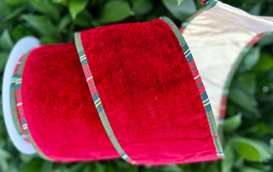 JME heavy wired ribbon. RED Velvet with Plaid Trim and Gold Metallic Back