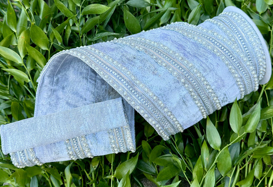 JME Heavy Wired Ribbon. Glitter Pearl Trim With Metallic Back SILVER Ribbon 6"x5YD