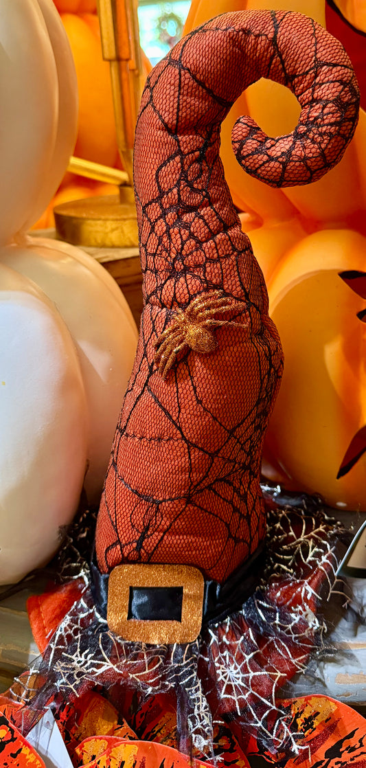 Orange spiderweb witch hat. 14 inches. Perfect for a table escaping or adding a little Halloween touch to a vignette. 