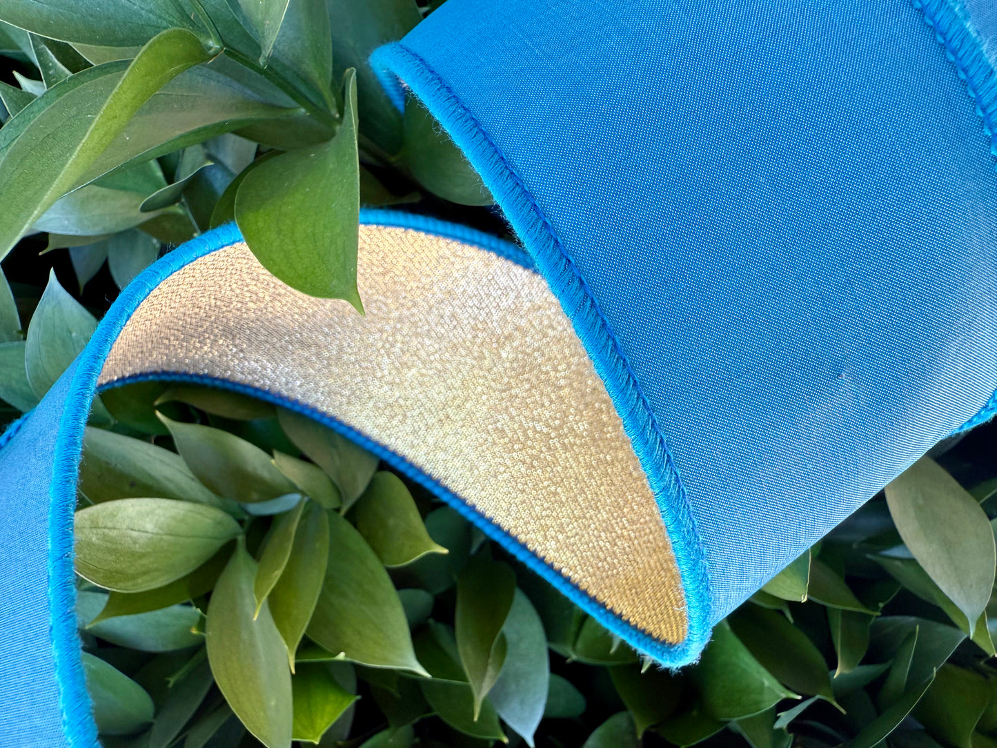 JME heavy wired ribbon. BLUE Taffeta with Gold Mesh Metallic Back