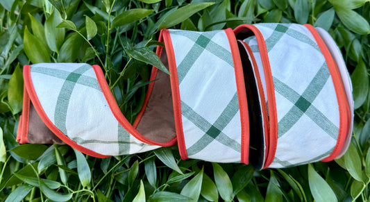 JME heavy Wired ribbon. Cotton green diagonal  Check Dupion Ribbon with BROWN backing and ORANGE piping.  2.5"x10YD