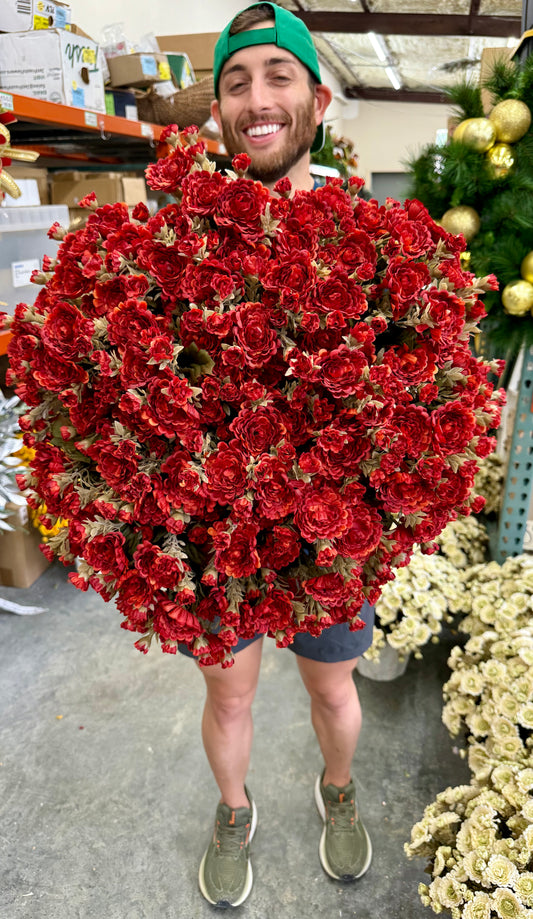 Faux MAROON mum pot fillers. Can fluff out after shipping. Container (the white pot that will go inside your pot) the mums are in is 10inches wide by 9inches tall.