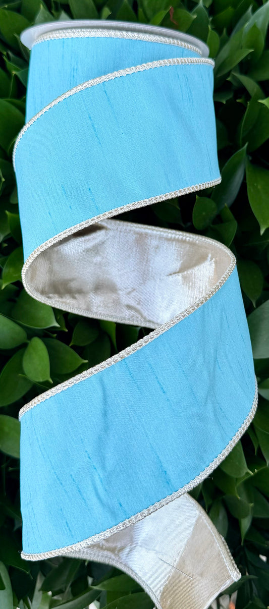 JME heavy wired ribbon. SKY BLUE Dupion Solid with Champagne Metallic Back