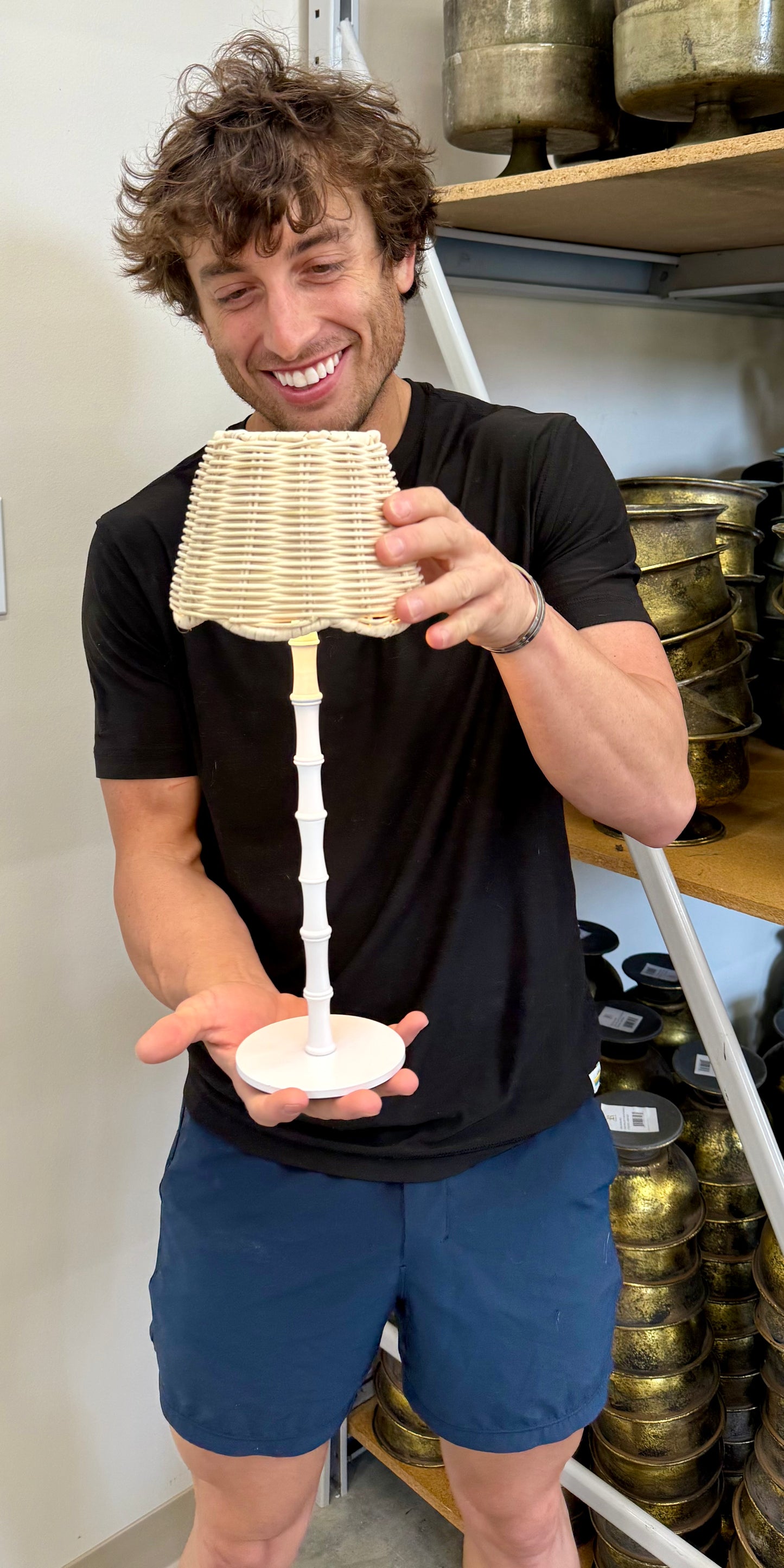 White LED cordless bamboo lamp with extra scalloped rattan shade. Comes with a charging cord. 14.5 inches tall by 4.5 inches diameter.