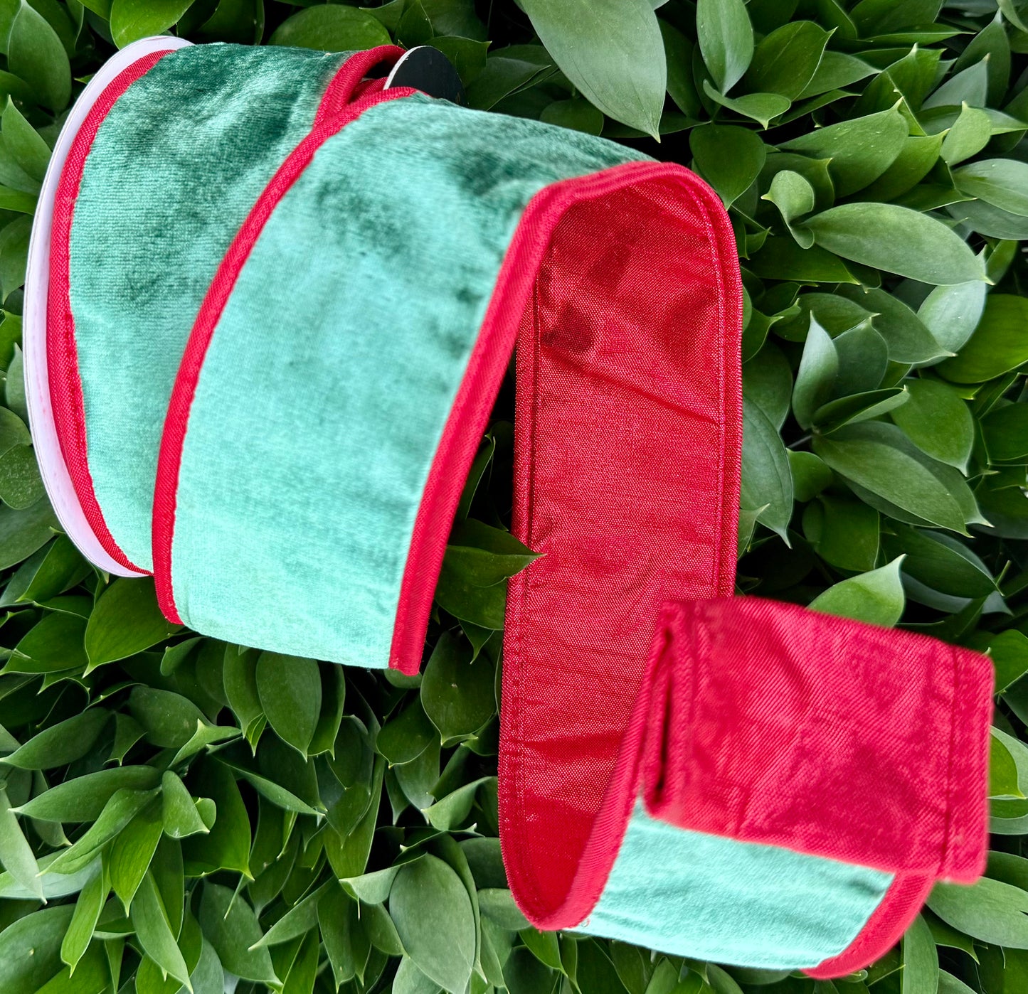 JME heavy wired ribbon. GREEN Velvet with Red Metallic Back