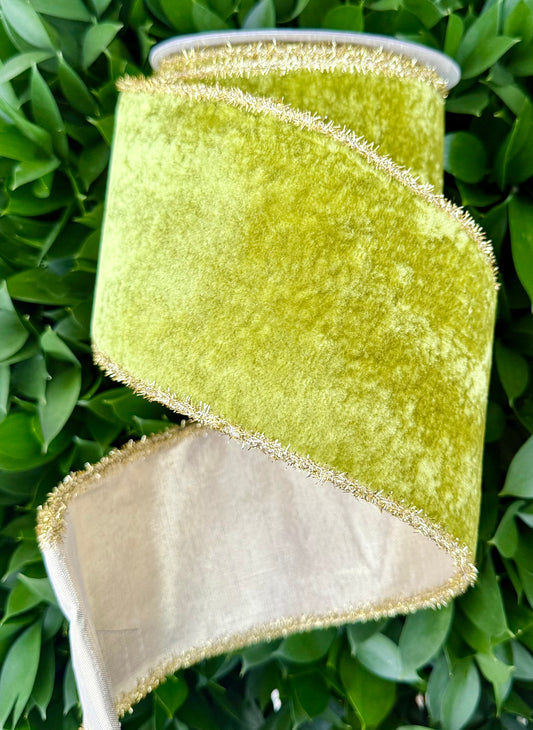 JME heavy wired ribbon. APPLE GREEN Velvet with Gold Tinsel Edge and Gold Metallic Back