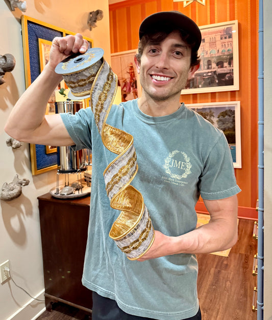 JME heavy Wired ribbon. Gold Beaded belt w Metallic bark Pattern and gold Backing and piped. Ribbon 2.5"x5YD