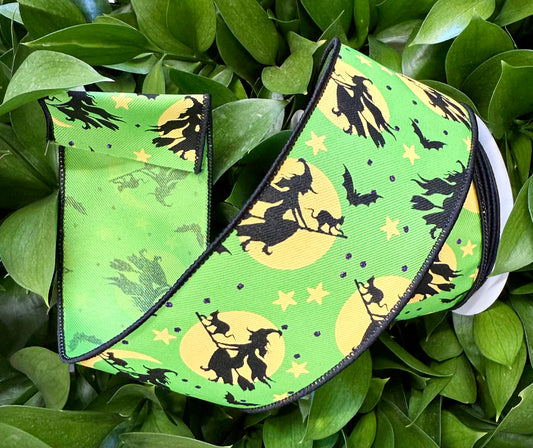 Lime green Halloween ribbon with witches. 2.5” x 10 yards. Wired ribbon.