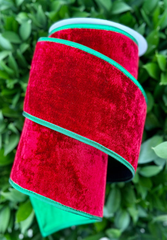 JME heavy wired ribbon. RED Velvet with Green Metallic Back