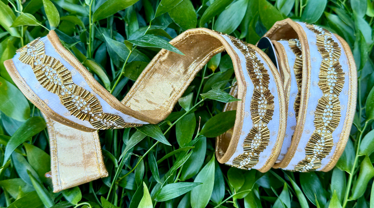 JME heavy Wired ribbon. Gold Bead belt on white with gold dots with Gold Metallic Back and piped Ribbon 1.5"x5YD