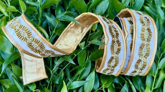 JME heavy Wired ribbon. Gold Bead belt on white with gold dots with Gold Metallic Back and piped Ribbon 1.5"x5YD