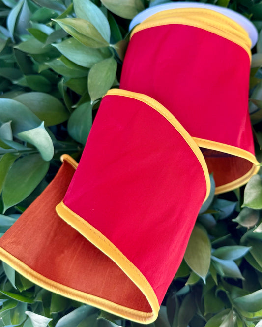 JME heavy wired ribbon. RED/YELLOW/ORANGE Tri-Colored Solid