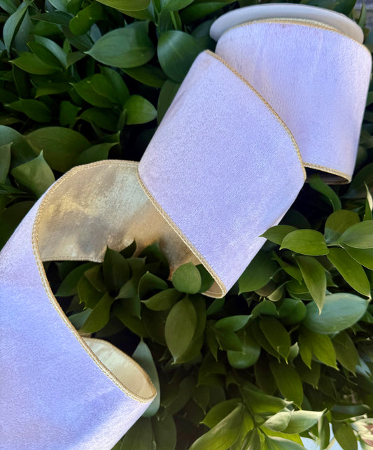 JME heavy wired ribbon. WHITE Velvet with Metallic Gold Back