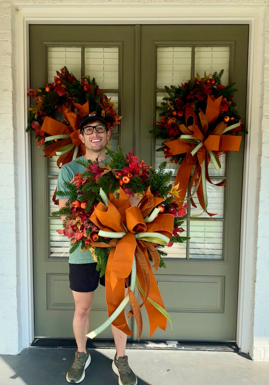 Spruce and pomegranate FALL WREATH. handmade by JME with a hand tied JME bow. 24 inches