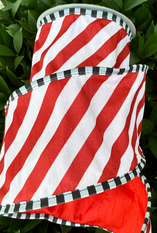 JME heavy wired ribbon. RED/WHITE Diagonal Stripes with Black/White Check Trim