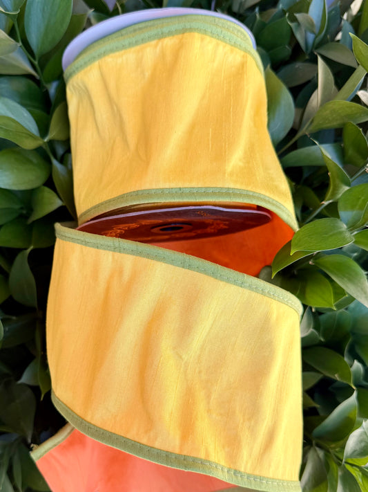 JME heavy wired ribbon. YELLOW/MOSS/ORANGE Tri-Colored Solid 4"x 10YDS