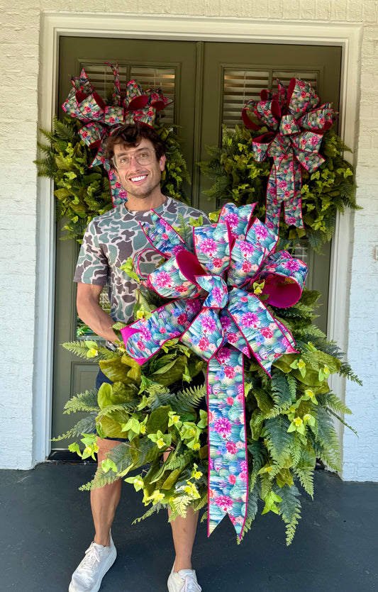 30 inch faux magnolia and fern wreath with a cactus ribbon bow!