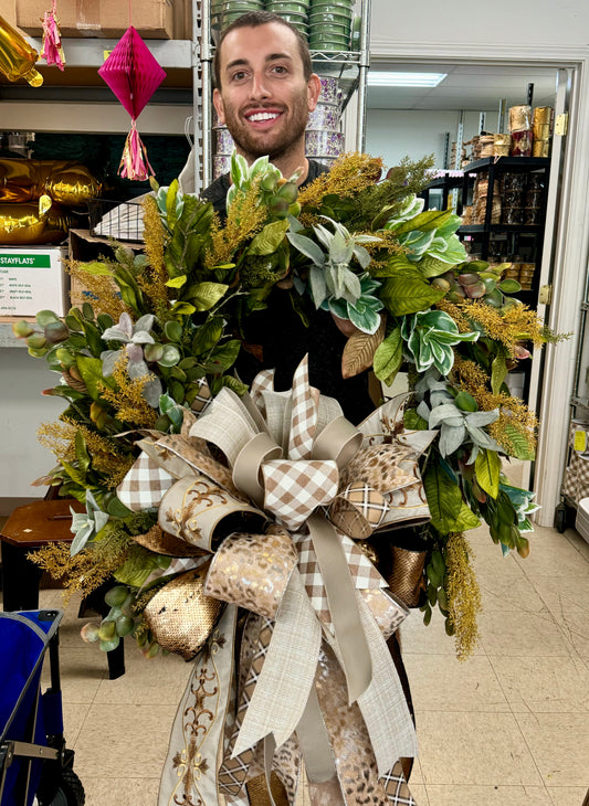 30in Handmade mixed foliage wreath WITH neutral bow.