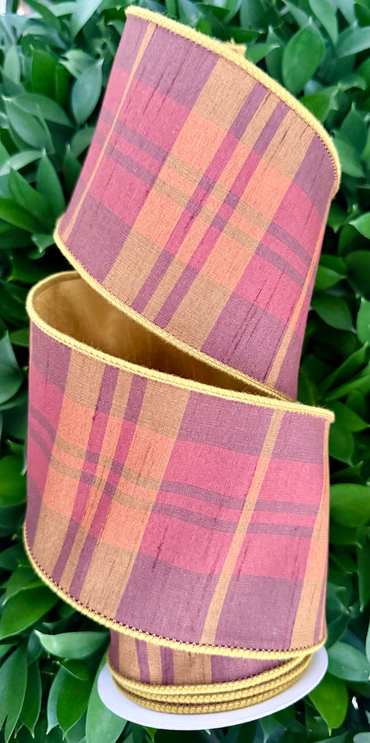 JME heavy wired ribbon. RUST/BROWN Plaid with Dupion Back