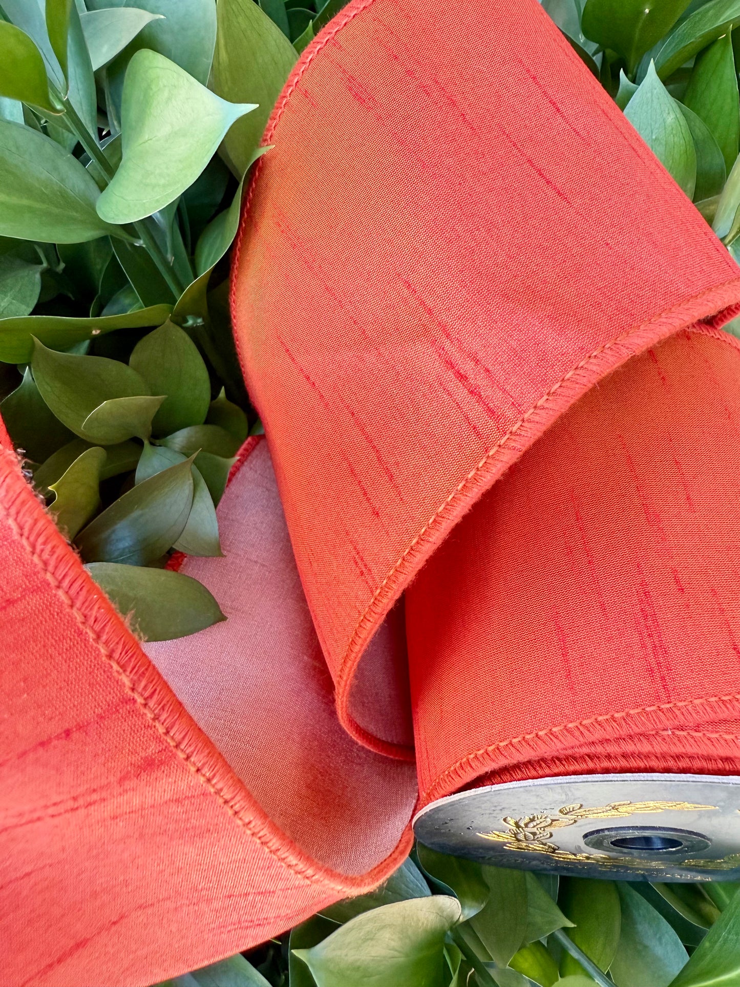 JME heavy wired ribbon. RUST backed in PEACH Two-Tone Dupion