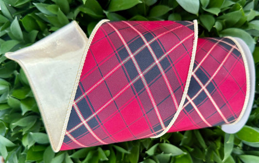 JME heavy wired ribbon. RED/GOLD Diagonal Plaid with Gold Metallic Back