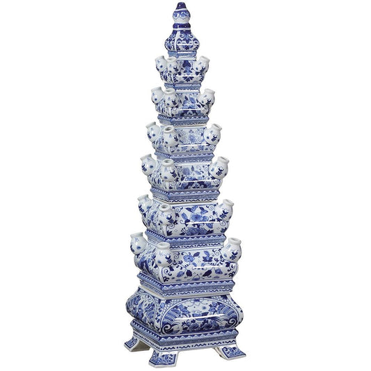 Large tiered Ceramic blue/white Pagoda Tulipiere. Holds water. 31inches tall
