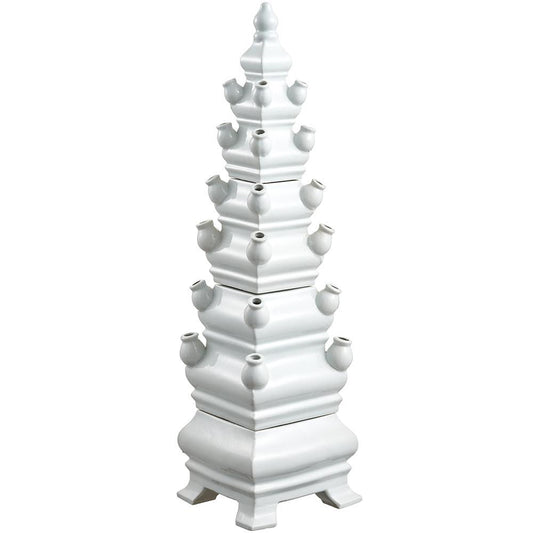 Large tiered Ceramic WHITE Pagoda Tulipiere. Holds water. 31inches tall