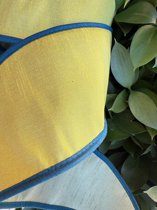 JME heavy wired ribbon. YELLOW/BLUE/SAGE Tri-Colored Solid