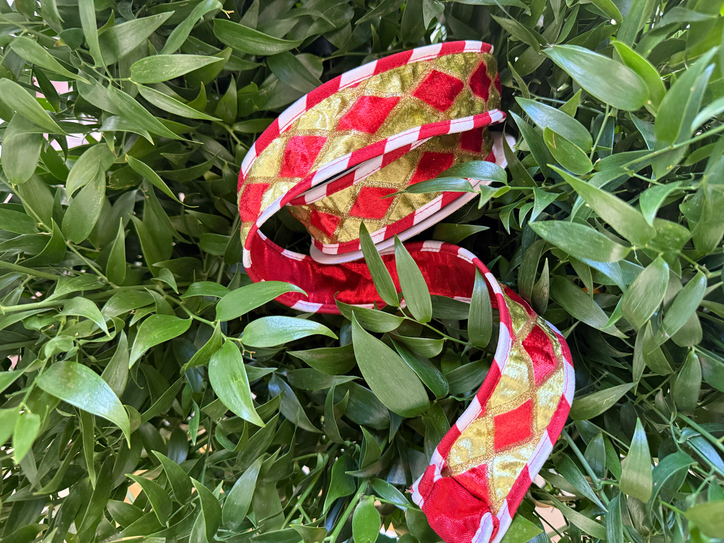 JME heavy wired ribbon. RED/LIME Harlequin with Red/White Edge and Red Metallic Back 1.5"x 10YDS