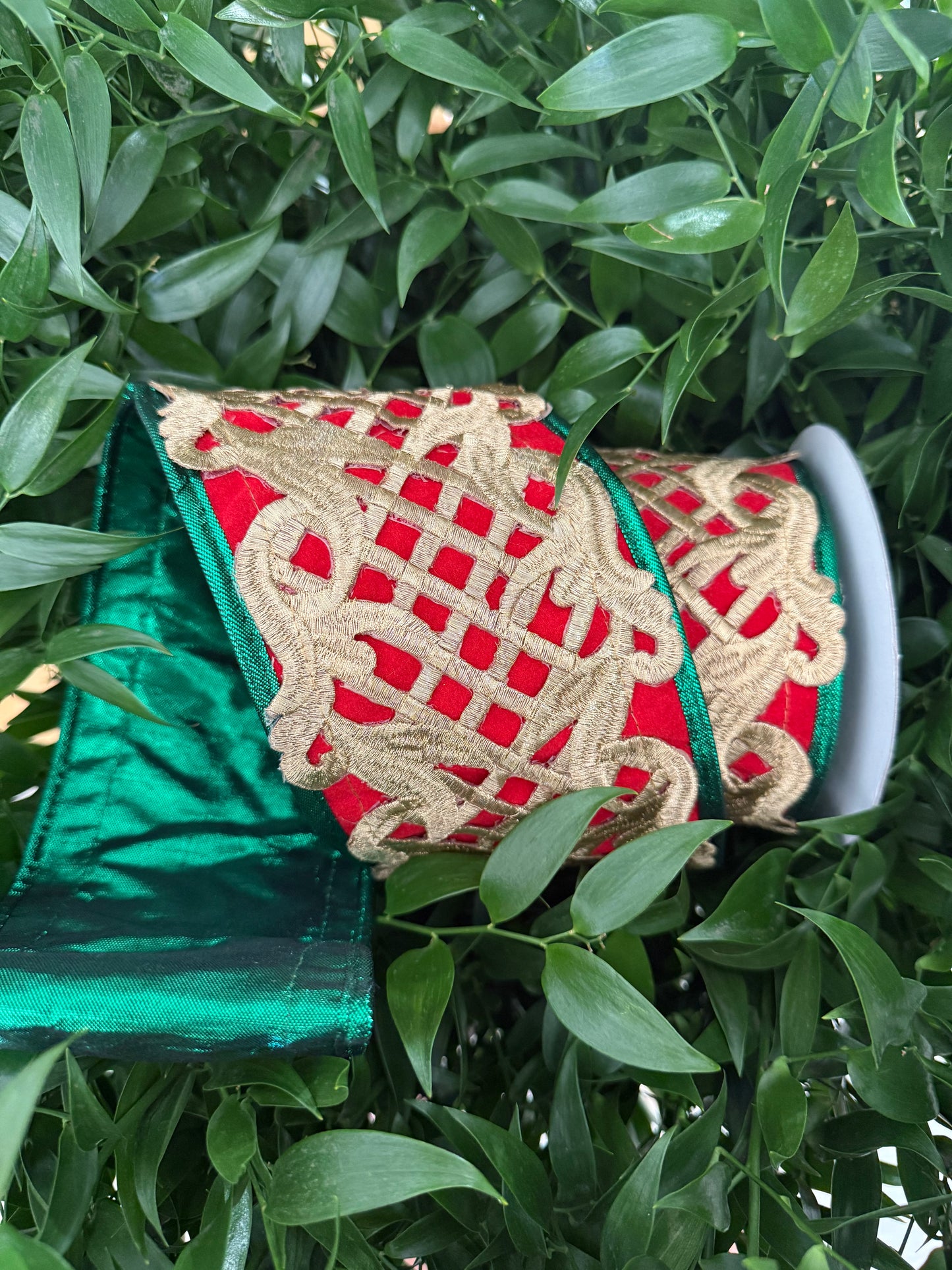 JME heavy wired ribbon. RED Velvet with Gold Laser Cut Design and Green Metallic Back 4"x 5YDS