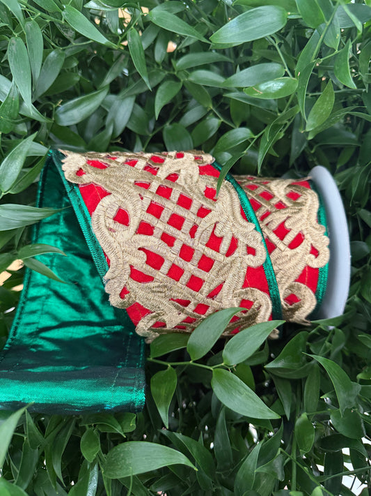 JME heavy wired ribbon. RED Velvet with Gold Laser Cut Design and Green Metallic Back 4"x 5YDS